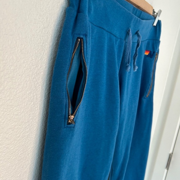Aviator Nation Blue Joggers Zipper Pockets Size Medium Rainbow Cuffs - Picture 6 of 14